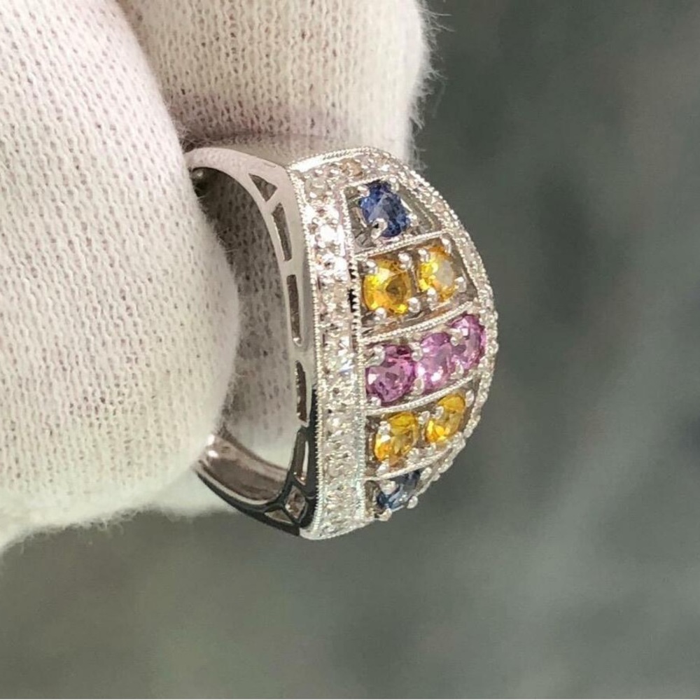 White Gold  and Yellow Multi-Colored Diamond Gemstone Ring
